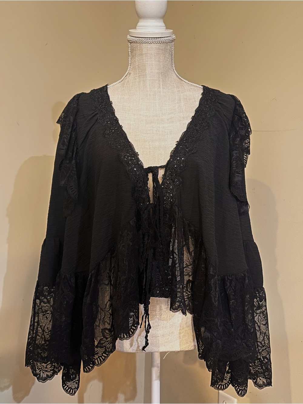 NWOT Origami Black Lace-Trim Bohemian style Women's Cardigan